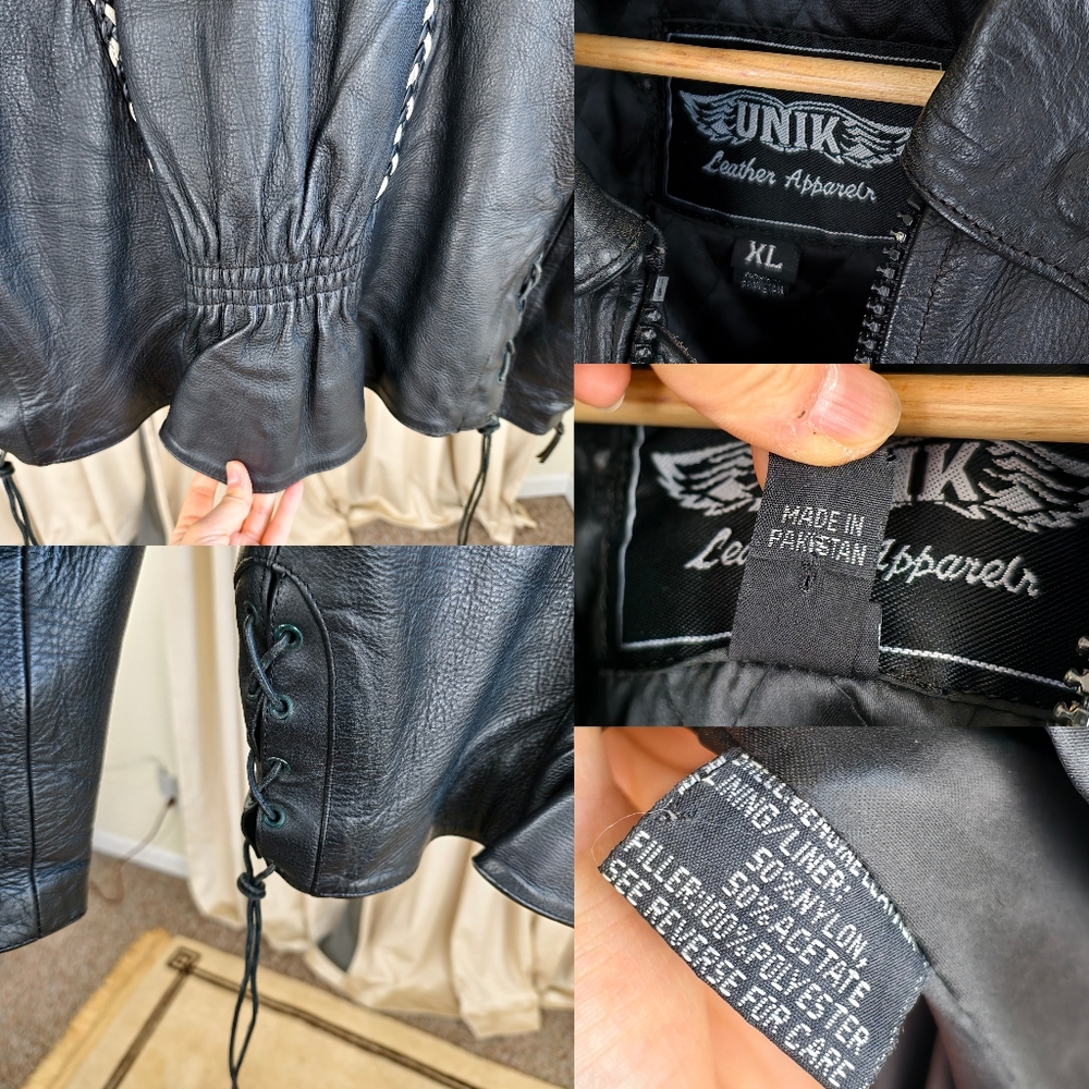 RARE Vintage UNIK Black Leather Biker Jacket with White Rose Floral Design - Picture 8 of 8